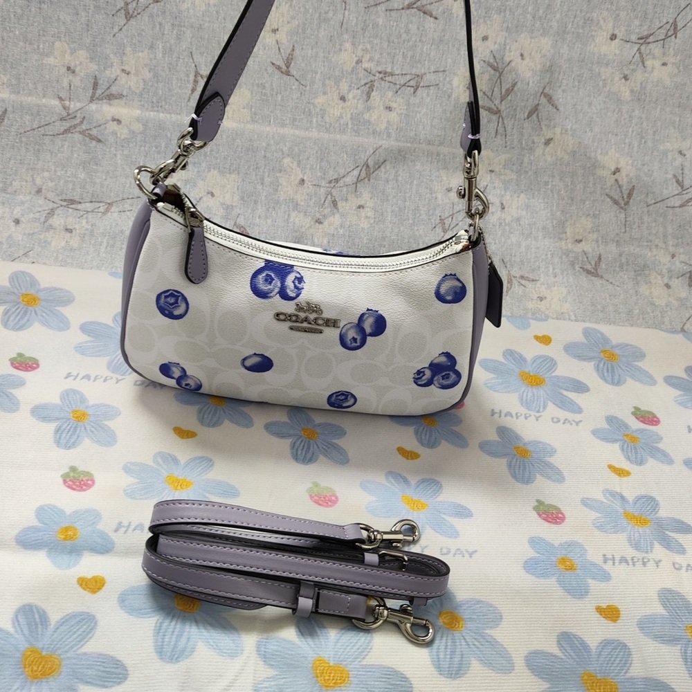 Coach White Mini Shoulder Bag with Lavender and Blue Berry Print - Picture 3 of 12